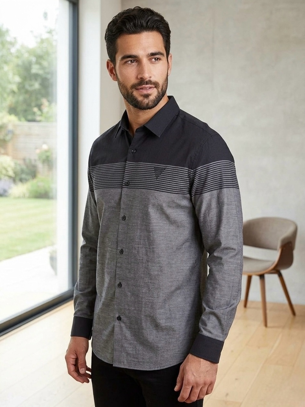 Guess Men's Black & Gray Striped Panel Button-Up Shirt